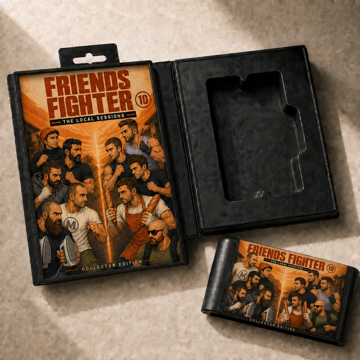 Product concept showing the open presentation box beside a decorative cartridge, with all ten original characters facing each other on the illustrated covers.