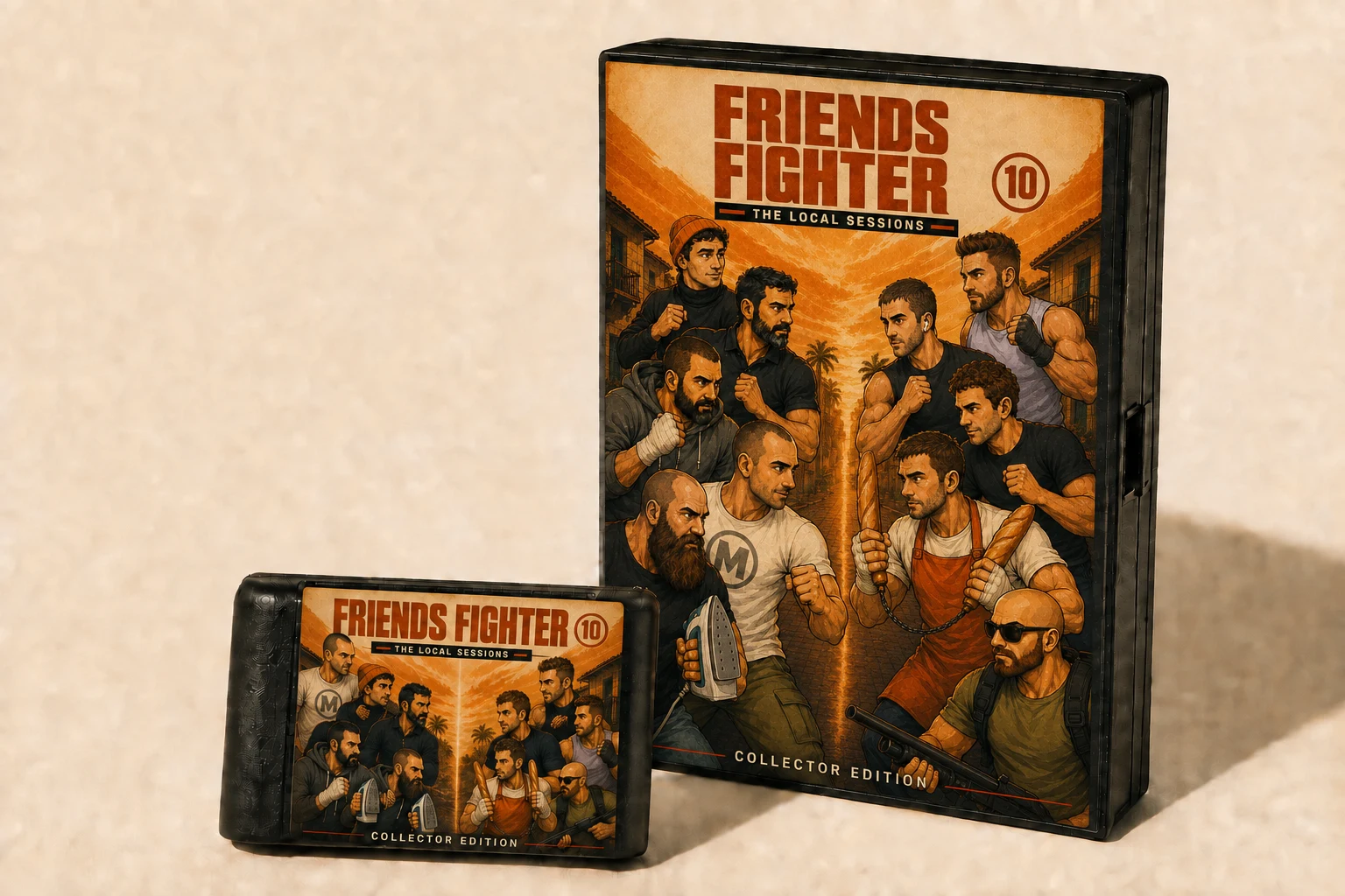 Concept of the Friends Fighter game box and collectible cartridge, both illustrated with ten original characters facing their rivals in a fight-poster composition.
